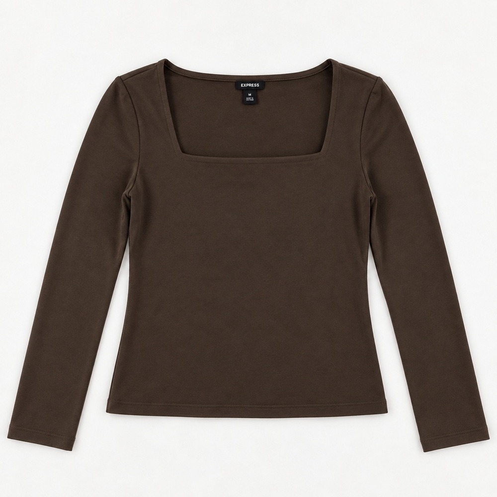 Express Square Neck Top Women Size M Brown EX010036 Long Sleeve Cotton Modal